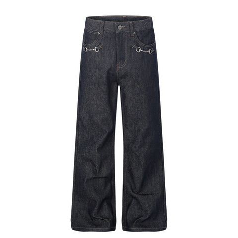 Black Cotton Denim Straight Leg Pants — Mid Rise, Zipper Fly, Street Style