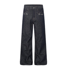 Black Cotton Denim Straight Leg Pants — Mid Rise, Zipper Fly, Street Style