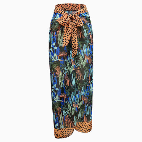 Tropical Leaf Polka Dot Print High Waist Bow Tie Wrap Sarong Cover Up